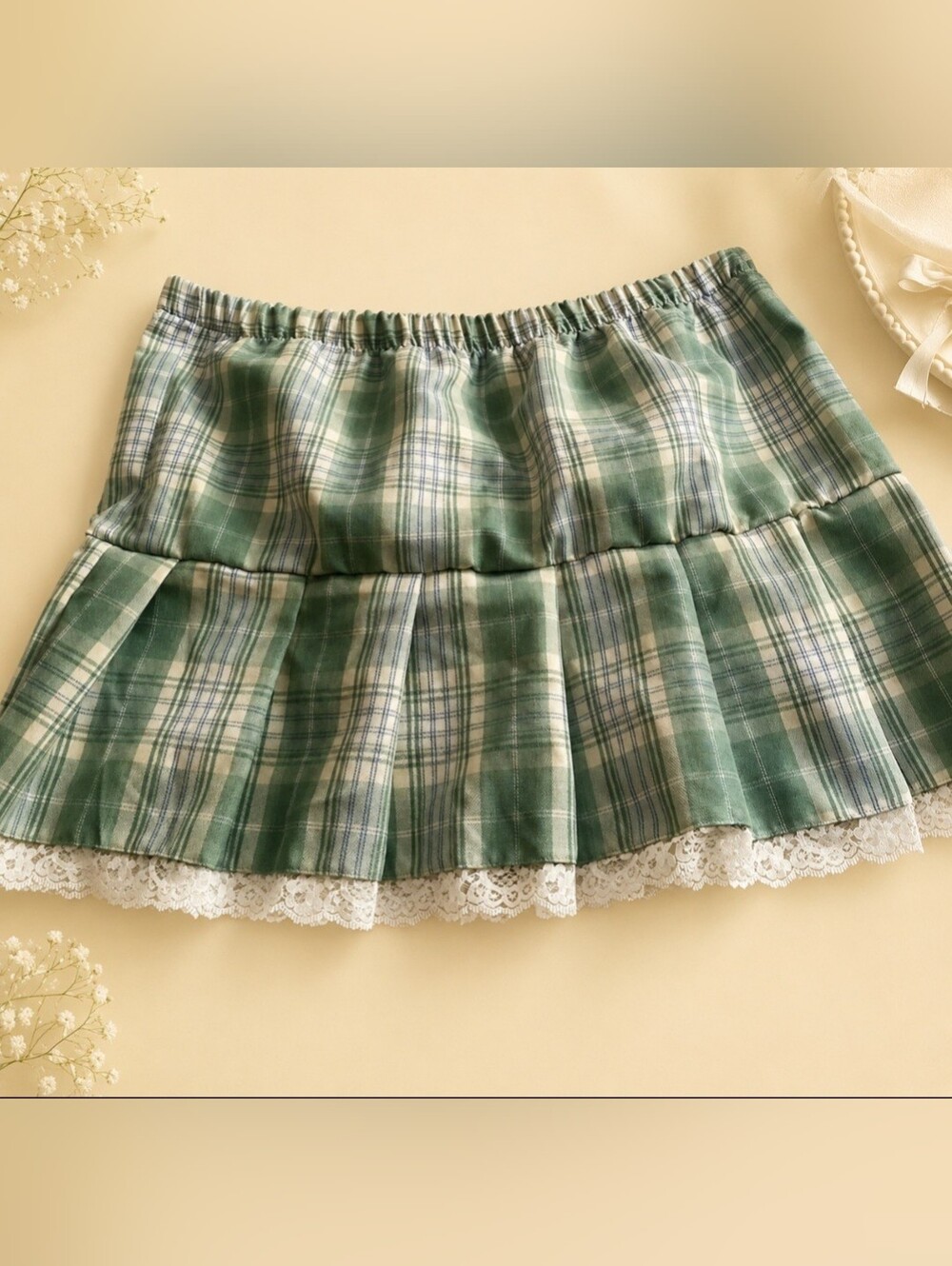 Large Sage Green Handmade Coquette Pleated  Mini Skirt